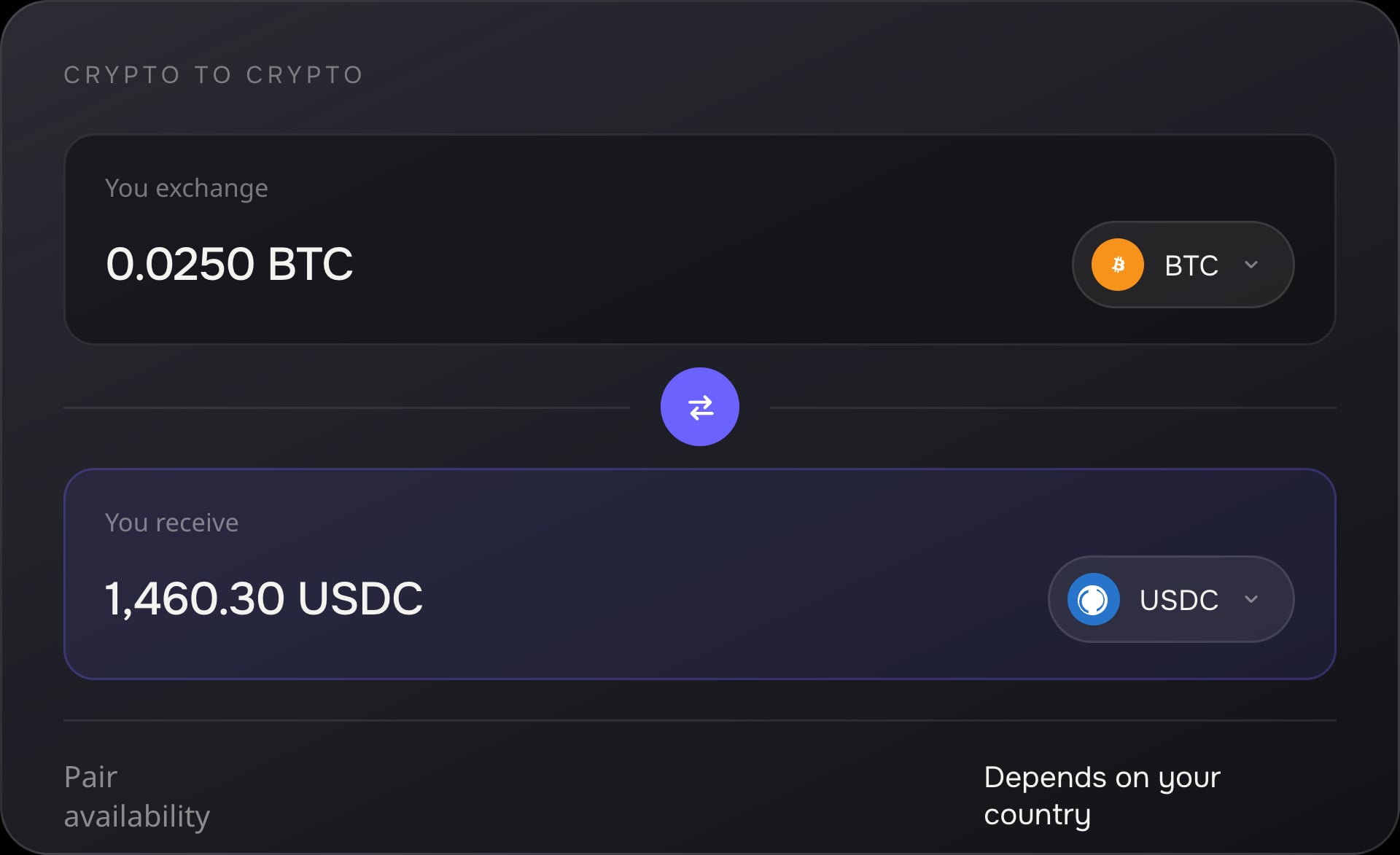 Scambio cripto con cripto in Quppy, con la disponibilità delle coppie per Paese