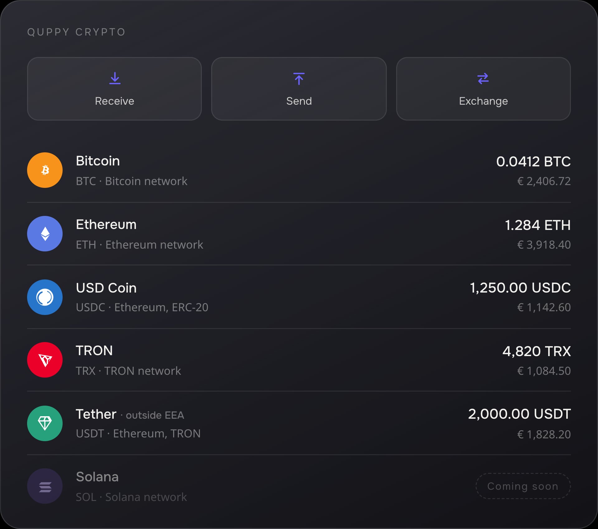 Saldi Quppy Crypto illustrativi in BTC, ETH, USDC, TRX e USDT, con le azioni ricevi, invia e scambia