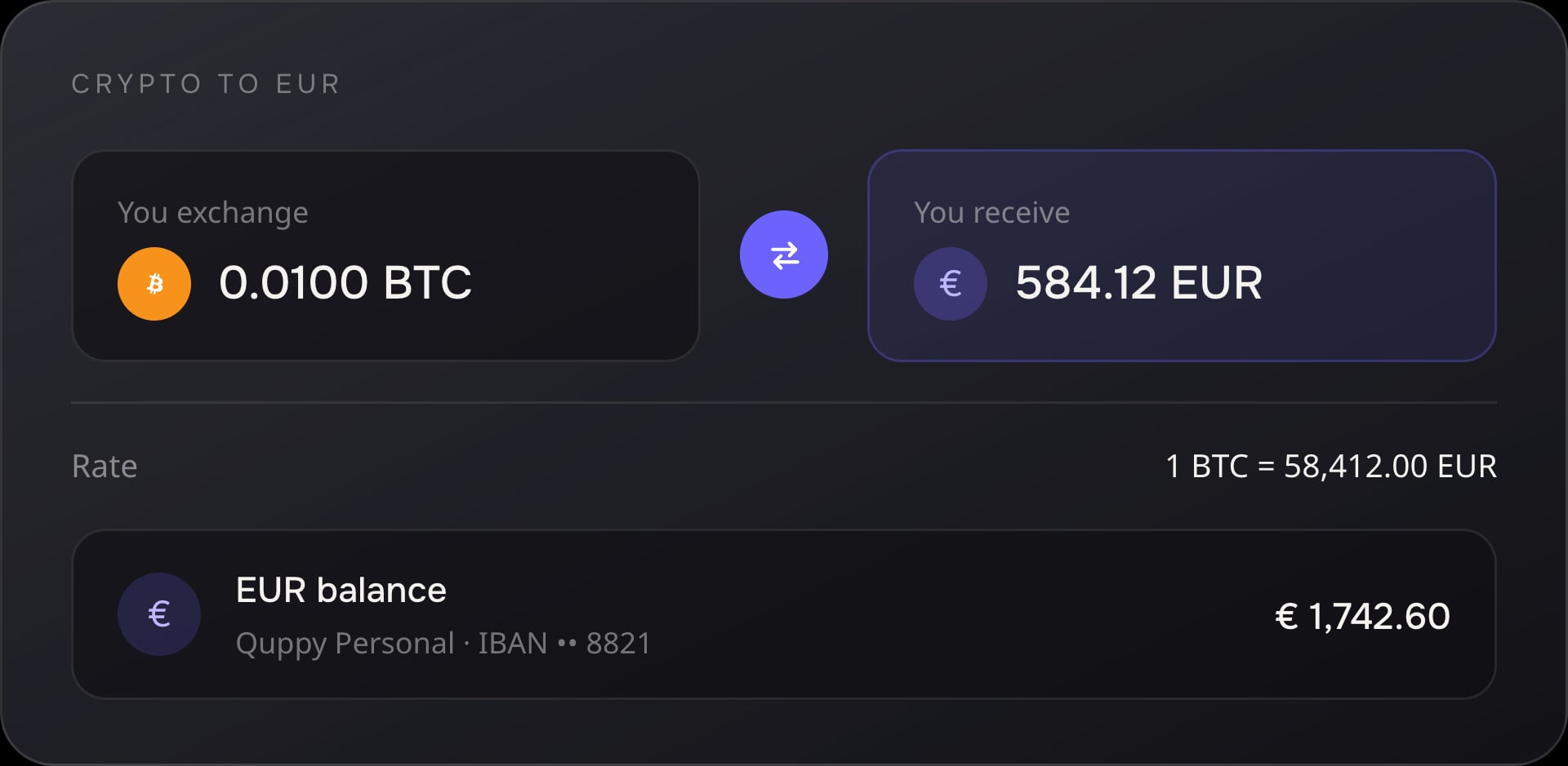 Scambio illustrativo da cripto a EUR con il saldo in EUR risultante in Quppy Personal