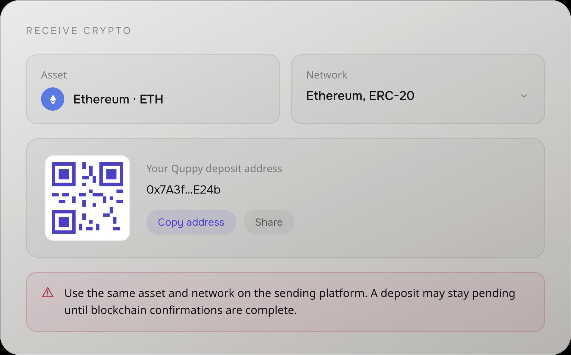 Ricezione di cripto in Quppy: attività, rete supportata, codice QR e indirizzo di deposito