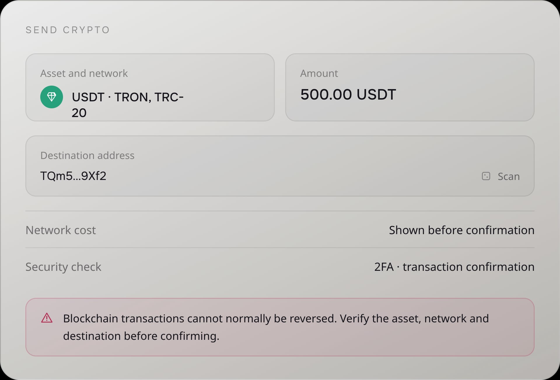 Invio di cripto da Quppy: attività e rete, importo, indirizzo di destinazione e passaggi di conferma